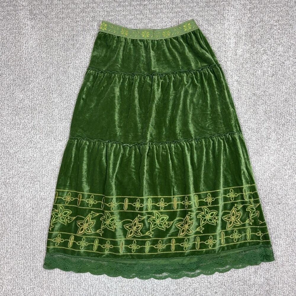 Y2K Rave Skirt Womens XS Green Velvet Embroidered Peasant Fairy Grunge Boho